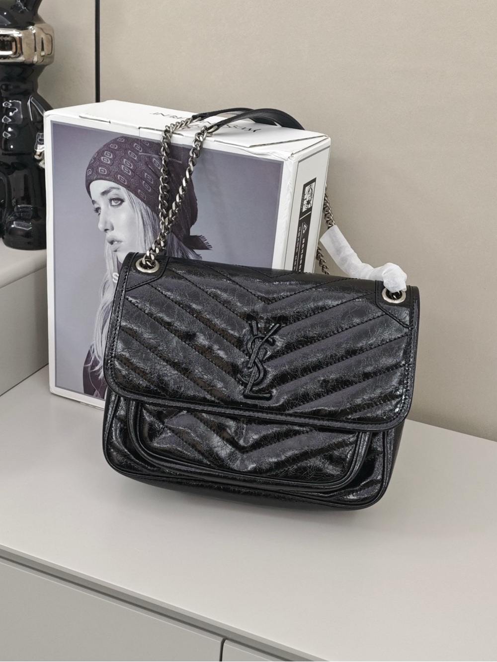 Black Quilted Shoulder Bag with Chain Strap